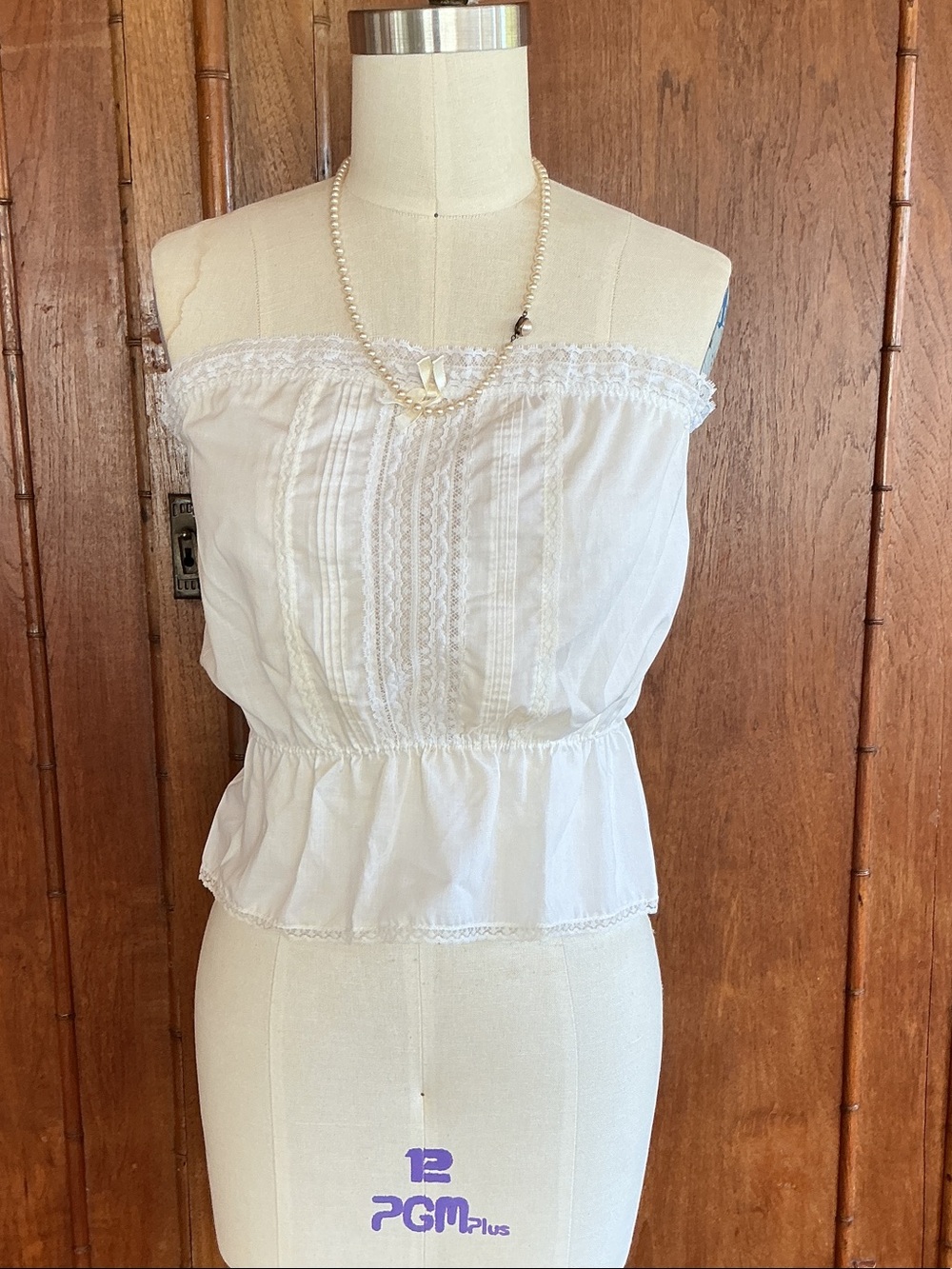 Gunne Sax White Strapless Lace-Trim Peplum Top Vintage